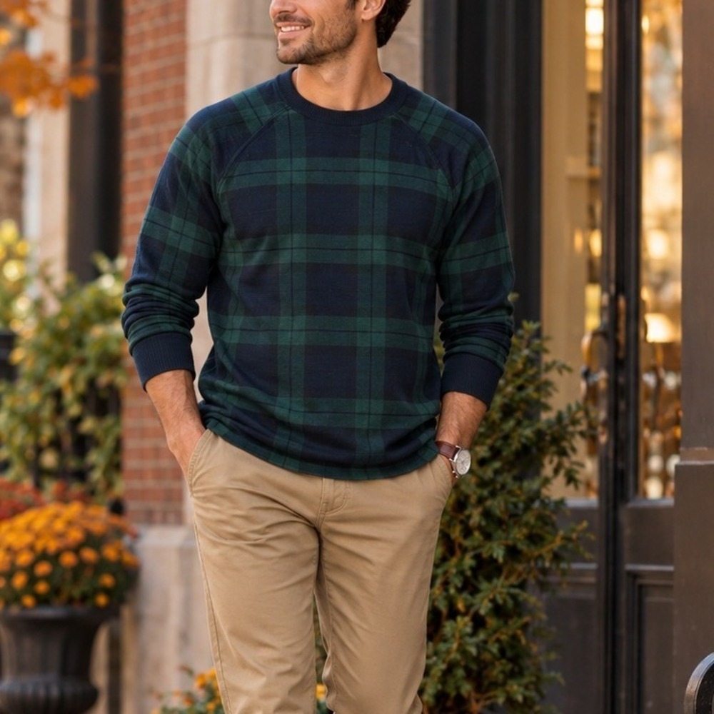 J.Crew Mens Black Watch Plaid Raglan Crewneck Pullover Sweater Green Navy Size M